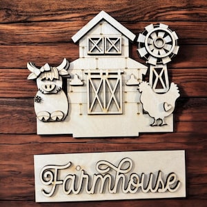 May include: Wooden farmhouse sign with a barn, cow, chicken, and windmill cutouts. The sign includes the word "Farmhouse" in a cursive font. The sign is made of light-colored wood and is set against a dark wood background.
