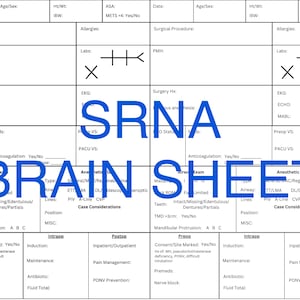 以下が含まれることがあります： 黒のテキストと線が入った白い脳シート。シートは、術前、術中、術後のケアのためにセクションに分けられています。シートには、患者の情報、麻酔、症例に関する考慮事項のセクションが含まれています。
