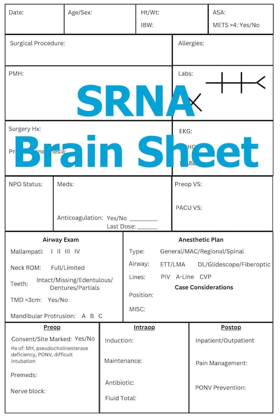 SRNA Anesthesia Brain Sheet - 4x6in