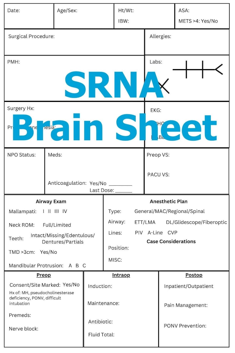 May include: A white medical form titled "Brain Sheet" with sections for patient information, pre-operative, intra-operative, and post-operative care.