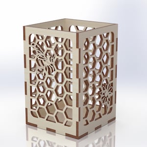Suporte para caneta cortado a laser SVG bandeja de lápis de madeira organizador de mesa arquivos arquivo DXF PDF corte bonito abelha favo de mel flor madeira cnc vetor