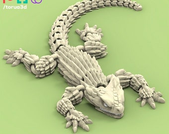 May include: A 3D printed model of an armadillo lizard, a creature with a segmented, armored body and a long tail. The model is made of a light beige plastic and is posed in a crawling position.