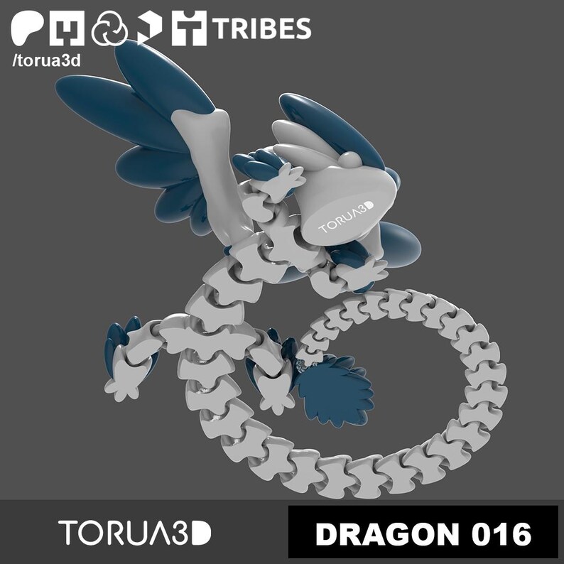 May include: A white and blue 3D printed dragon figurine with a segmented tail. The dragon is curled up with its head tilted back. The figurine is labeled "TORUA3D DRAGON 016".
