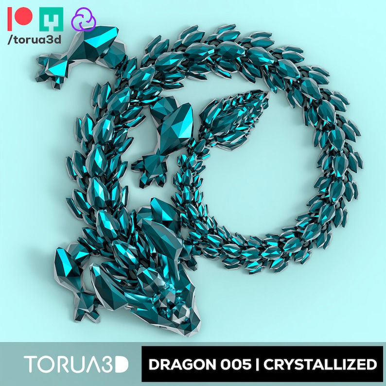 May include: A teal blue dragon made of crystal-like shapes. The dragon is curled into a circle with its head facing the viewer. The image is titled "Dragon 005 | Crystallized".
