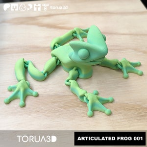 May include: A green articulated frog toy with a gradient of color from light green to dark green. The frog has a large head with a pointed snout and large, round eyes. The frog's limbs are articulated at the joints, allowing for a variety of poses. The frog is sitting on a wooden surface. The text "ARTICULATED FROG 001" is printed on the surface below the frog.