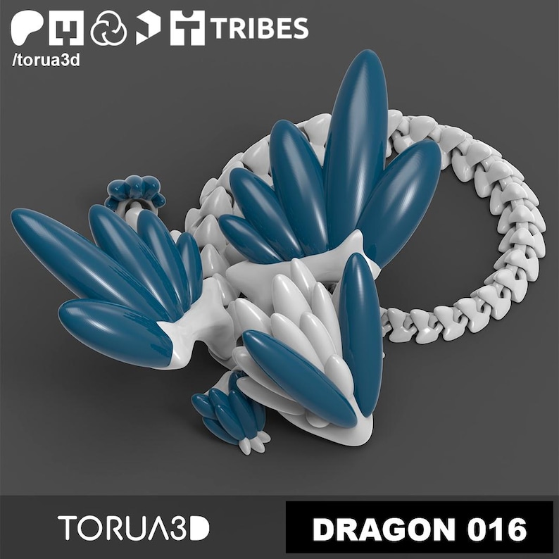 May include: A 3D printed dragon model with a white and blue segmented body. The dragon has wings and a long tail. The model is printed in a smooth, glossy finish.