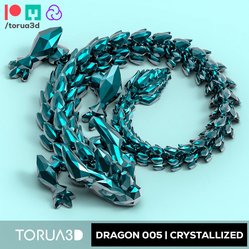 May include: A teal blue, crystallized dragon sculpture in a curled position. The dragon's tail forms a circle around its body. The sculpture is on a light blue background. The text "TORUA3D DRAGON 005 | CRYSTALLIZED" is at the bottom of the image.