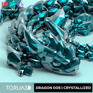 May include: A teal blue, crystal-like dragon sculpture with a low-poly design. The sculpture is on a light blue background. The text "TORUA3D DRAGON 005 | CRYSTALLIZED" is at the bottom of the image.
