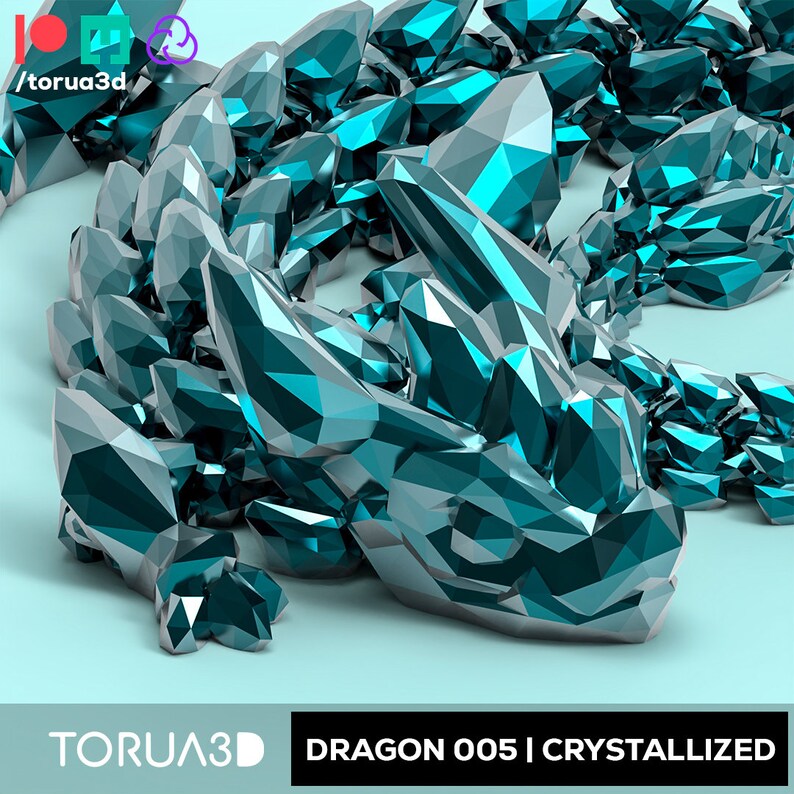 May include: A teal blue, crystal-like dragon sculpture with a low-poly design. The sculpture is on a light blue background. The text "TORUA3D DRAGON 005 | CRYSTALLIZED" is at the bottom of the image.