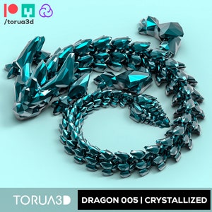 May include: A teal blue dragon sculpture made of crystal-like shapes. The dragon is curled up in a circle with its tail in its mouth. The sculpture is on a light blue background. The text "TORUA3D DRAGON 005 | CRYSTALLIZED" is at the bottom of the image.