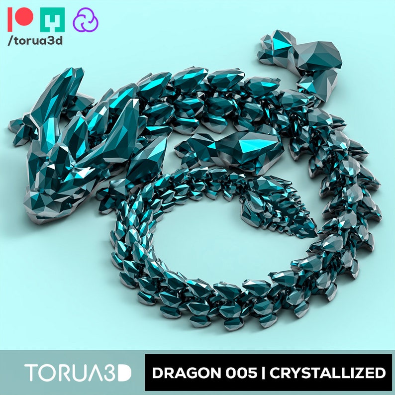May include: A teal blue dragon sculpture made of crystal-like shapes. The dragon is curled up in a circle with its tail in its mouth. The sculpture is on a light blue background. The text "TORUA3D DRAGON 005 | CRYSTALLIZED" is at the bottom of the image.