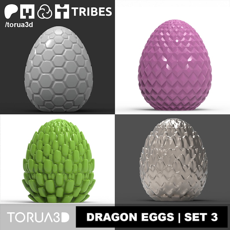 May include: Four dragon eggs, each with a different texture and color. The eggs are gray, pink, green, and silver.  The eggs are arranged in a grid pattern.  The text "DRAGON EGGS | SET 3" is at the bottom of the image.