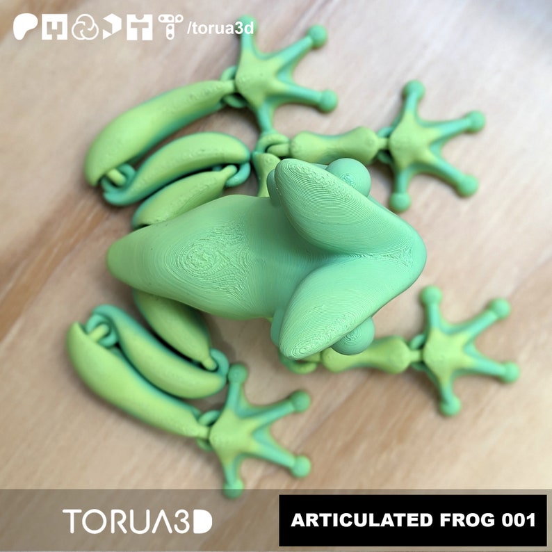 May include: A green articulated frog toy with a textured surface. The frog is posed sitting with its legs bent and its head tilted up. The toy is labelled "ARTICULATED FROG 001".