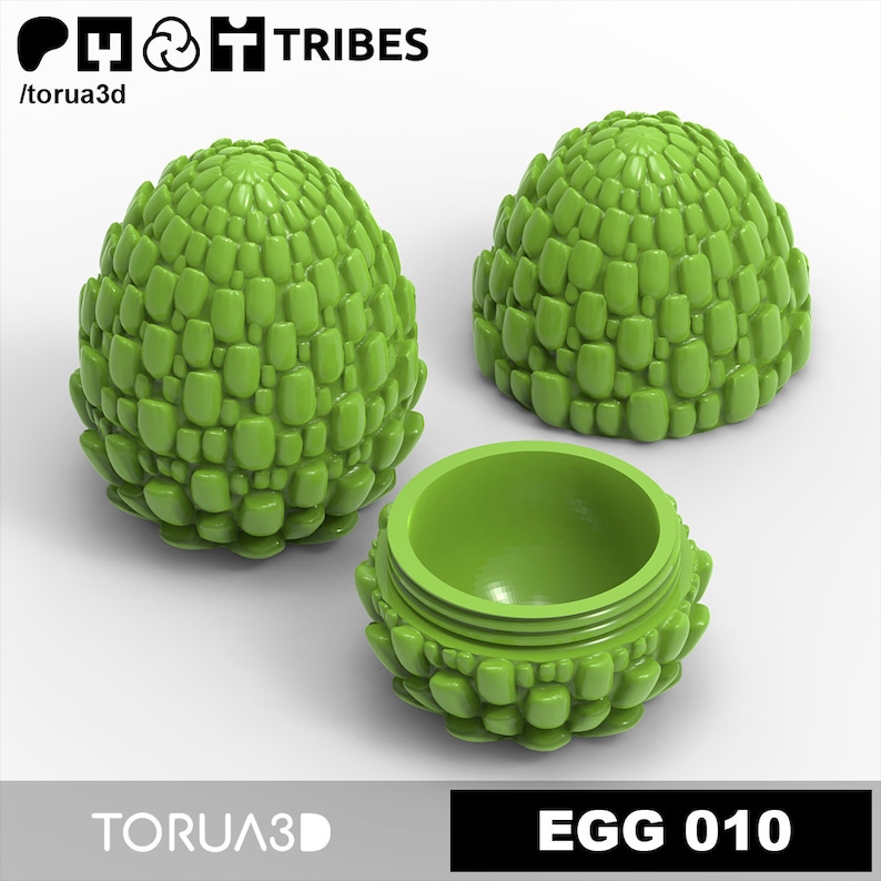 May include: A green, textured, egg-shaped container with a lid. The container is open and the inside is visible. The container is labeled "EGG 010".