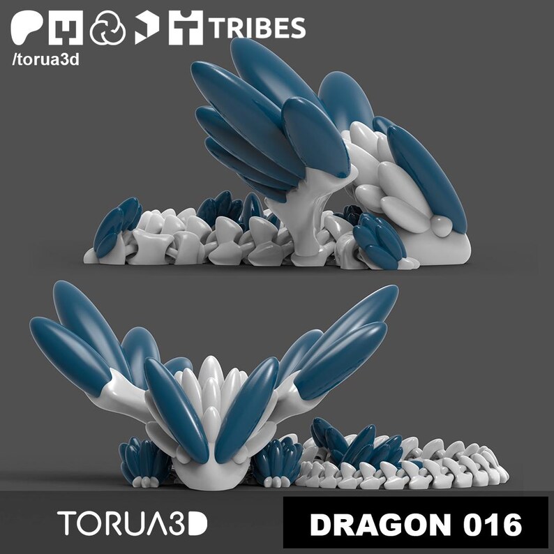 May include: A 3D printed dragon model with a blue and white color scheme. The dragon is in a curled up position with its wings spread out. The model is made up of many small, overlapping pieces.