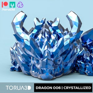 May include: A blue, crystallized dragon sculpture with a sharp, angular design. The sculpture is made of many small, faceted pieces that create a shimmering effect. The dragon's head is facing forward with its mouth open, revealing sharp teeth. The sculpture is set against a light blue background.