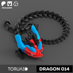 May include: A black, segmented dragon with red and blue accents. The dragon is curled into a circle, forming a bracelet. The dragon's head is facing the viewer, with its mouth open and teeth visible. The bracelet is labeled "Dragon 014".