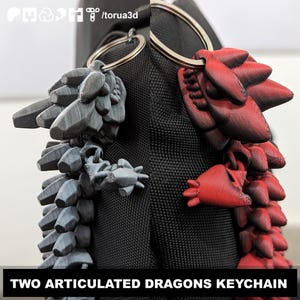 May include: Two articulated dragon keychains, one gray and one red, attached to a silver key ring. The dragons are made of 3D printed plastic and have a textured surface.