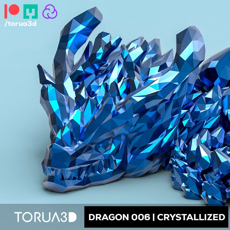 May include: A blue, crystallized dragon sculpture with a sharp, angular design. The sculpture is made of many small, faceted pieces that create a shimmering effect. The dragon's head is facing the viewer, and its mouth is open in a menacing snarl. The sculpture is set against a light blue background.  TORUA3D DRAGON 006 | CRYSTALLIZED