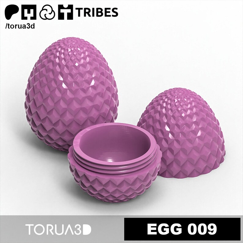 May include: A purple egg-shaped container with a textured, spiky surface. The container is open, revealing a smaller, smooth, purple container inside. The text "EGG 009" is visible in the lower right corner of the image.