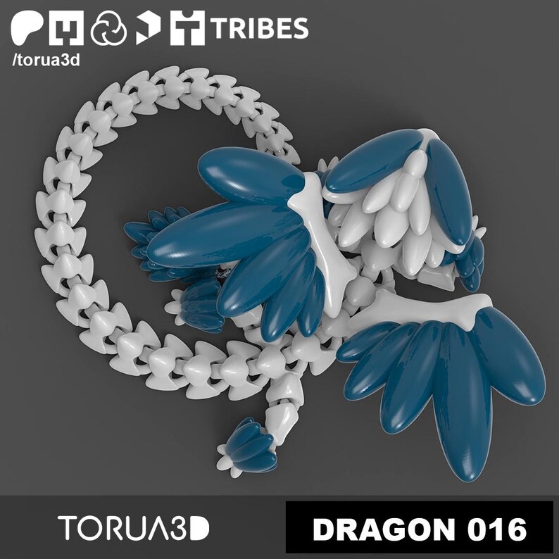 May include: A 3D printed dragon model with a white and blue color scheme. The dragon has a long, segmented tail and wings made of overlapping, rounded shapes. The model is posed in a curled position with its wings spread out.