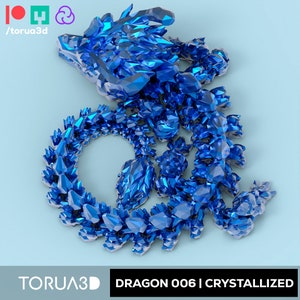 May include: A blue crystal dragon sculpture with a detailed, faceted design. The dragon is curled up in a circular shape, with its head raised and its tail curled around its body. The sculpture is made of a shiny, reflective material, and the light catches the facets of the crystals, creating a sparkling effect.