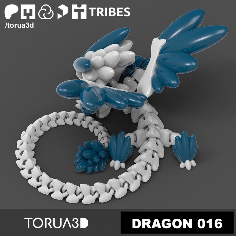 May include: A white and blue 3D model of a dragon with a long, segmented tail. The dragon has wings and a head with a long snout. The model is posed in a curled position, with its tail wrapped around its body. The model is labeled "Dragon 016".
