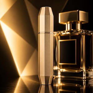 Könnte beinhalten: Ein hoher, zylindrischer Parfümzerstäuber in mattem Gold mit facettiertem, geometrischem Design steht vertikal neben einem quadratischen Glasflakon mit goldenem Verschluss und dunkler Flüssigkeit vor einem dunklen Hintergrund mit Goldlicht.