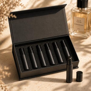 May include: A black rectangular gift box containing six matte black cylindrical spray bottles nestled in foam inserts, with one additional matching spray bottle and its cap placed in front of the open box, next to a glass perfume bottle.