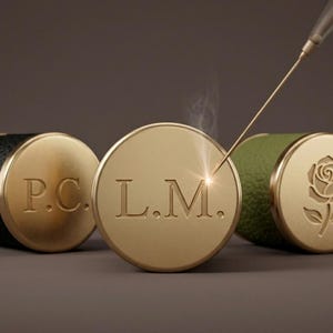 May include: Close-up of three gold-colored, circular objects with engraved designs. The center object has the initials "L.M." engraved. A laser is focused on the center object. The other objects have the initials "P.C." and a rose design.