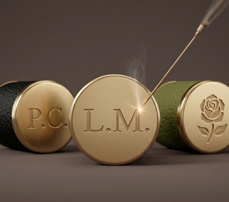 May include: Close-up of three gold-colored, circular objects with engraved designs. The center object has the initials "L.M." engraved. A laser is focused on the center object. The other objects have the initials "P.C." and a rose design.