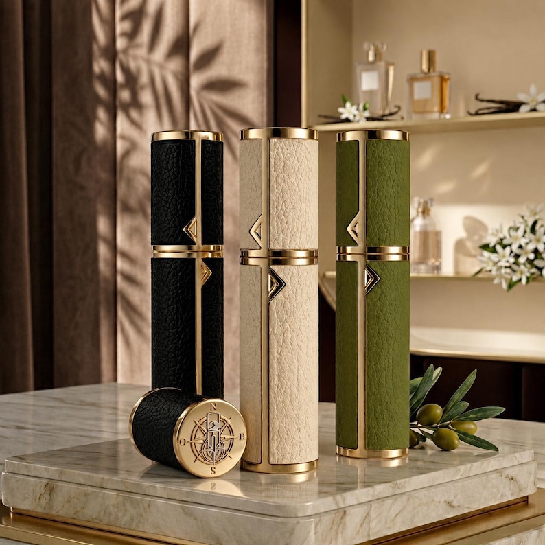 May include: Three cylindrical perfume bottles in black, cream, and olive green, with gold accents and a textured leather-like finish. One bottle lies on its side, revealing a compass design on the cap. The bottles are displayed on a marble surface.