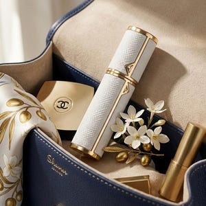 May include: A white and gold perfume atomizer and other beauty products are displayed inside a navy blue leather handbag. The atomizer has a textured surface and gold accents. A gold compact, lipstick, and a floral scarf are also visible.