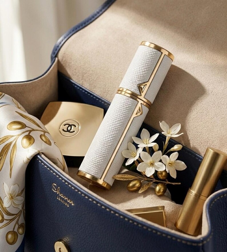 May include: A white and gold perfume atomizer and other beauty products are displayed inside a navy blue leather handbag. The atomizer has a textured surface and gold accents. A gold compact, lipstick, and a floral scarf are also visible.