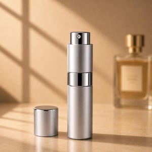 May include: A cylindrical silver metal spray bottle with a matte finish and a polished chrome accent ring near the top. The bottle features a removable matching silver cap placed to its left, revealing the spray nozzle mechanism at the top.