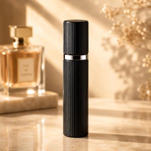 Puede incluir: Un atomizador de perfume cilíndrico negro con una textura acanalada vertical y una fina banda de metal plateado que separa la tapa del cuerpo principal. El recipiente es alto y delgado con un diámetro uniforme de arriba a abajo.