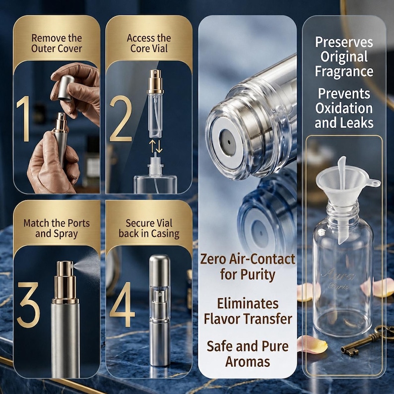 May include: A step-by-step guide for filling a perfume atomizer. The image shows the process, including removing the outer cover, accessing the core vial, matching ports, and securing the vial. The text highlights features like zero air contact and safe aromas.