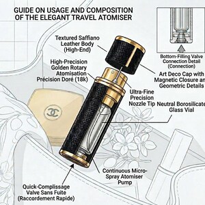 May include: Diagram of an elegant travel atomizer with a textured Saffiano leather body, gold accents, and an Art Deco cap. The diagram highlights the ultra-fine nozzle tip, bottom-filling valve, and continuous micro-spray pump. The text reads "Guide on Usage and Composition of the Elegant Travel Atomiser."