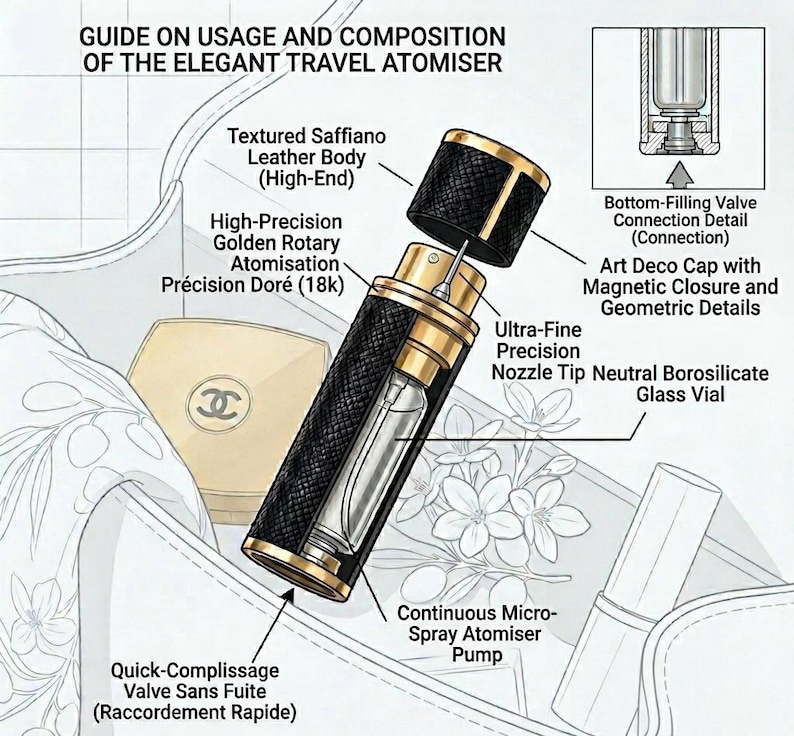 May include: Diagram of an elegant travel atomizer with a textured Saffiano leather body, gold accents, and an Art Deco cap. The diagram highlights the ultra-fine nozzle tip, bottom-filling valve, and continuous micro-spray pump. The text reads "Guide on Usage and Composition of the Elegant Travel Atomiser."