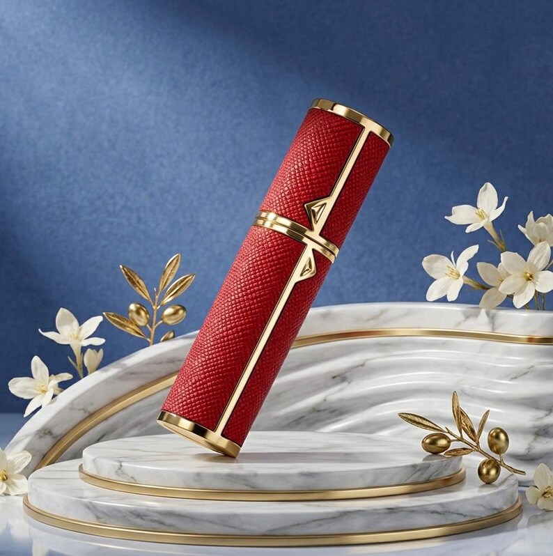 May include: A red, textured, cylindrical container with gold accents. The container has a gold band in the middle and at both ends. The design includes gold vertical lines and a gold triangle at the top and bottom of the container.