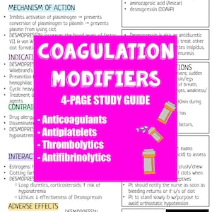 Puede incluir: Un gráfico rosa y blanco con el título "Modificadores de la Coagulación" y una guía de estudio de 4 páginas. El gráfico enumera diferentes tipos de medicamentos, incluidos anticoagulantes, antiplaquetarios, trombolíticos y antifibrinolíticos. El gráfico también incluye una advertencia en recuadro negro para la Desmopresina, que indica que tiene un riesgo de hiponatremia.