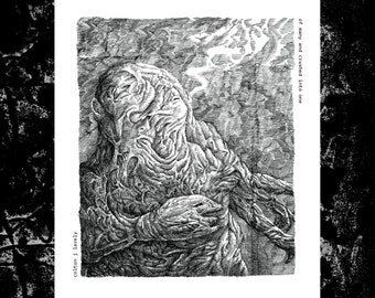 Puede incluir: Ilustración en blanco y negro de una figura con una apariencia texturizada y orgánica. La figura sostiene algo en sus manos. También se ve el texto "of many and crushed into one" y "colton j. lavely".