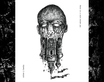 Puede incluir: Ilustración en blanco y negro que representa un rostro humano transformándose en una estructura arquitectónica gótica. El texto "there is a void inside you" está alineado verticalmente a la derecha. El nombre del artista, "colton j lavely", está a la izquierda.
