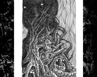 Puede incluir: Ilustración en blanco y negro a pluma y tinta de una figura monstruosa con múltiples brazos y una boca abierta. La obra de arte presenta un sombreado cruzado detallado y una apariencia texturizada, creando una estética oscura y ominosa.