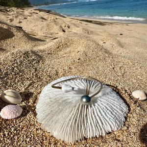 Può includere: Un braccialetto d'argento con una perla grigio scuro e dettagli bianchi è appoggiato su una formazione corallina bianca su una spiaggia sabbiosa. Conchiglie sparse intorno al corallo, con l'oceano e il cielo blu sullo sfondo.