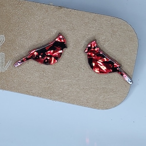 Cardinal Earrings/Red bird earrings/Bird post earrings/Bird earrings/Dainty,Acrylic Stud Earrings With Large Red Flake Glitter