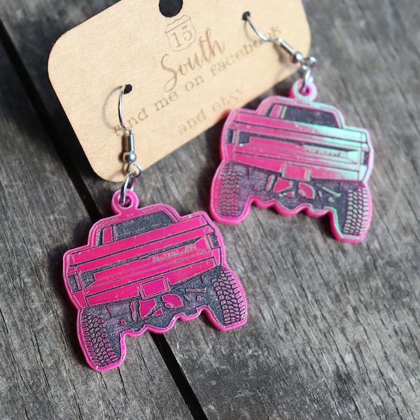 Cool Old Square Body Truck Earrings made from pink daybreak iridescent acrylic