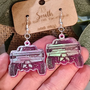 Old Squarebody Truck Earrings made from pink daybreak iridescent acrylic, classic farm truck