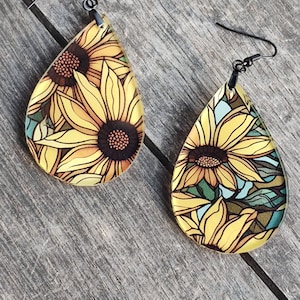 sunflower earrings, stained glass sunflower ,simple boho teardrop, fun flower earrings, colorful earrings, yellow flower