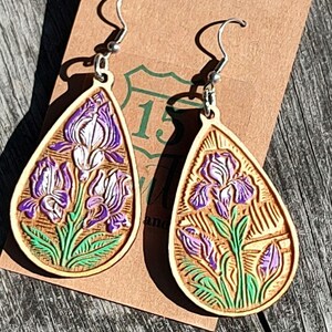 Purple and white Iris Flower Earrings - Fun and Playful Statement Jewelry, spring dangle teardrop earrings, Lightweight, gift for her